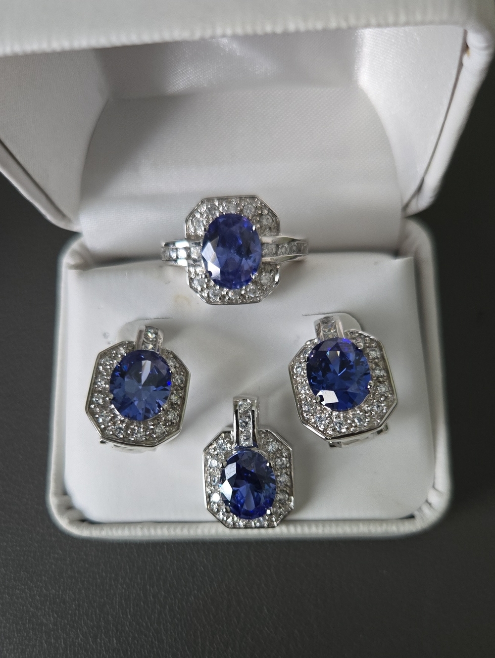 Sterling Silver Tanzanite Halo Ring, Pendant, Earrings Set